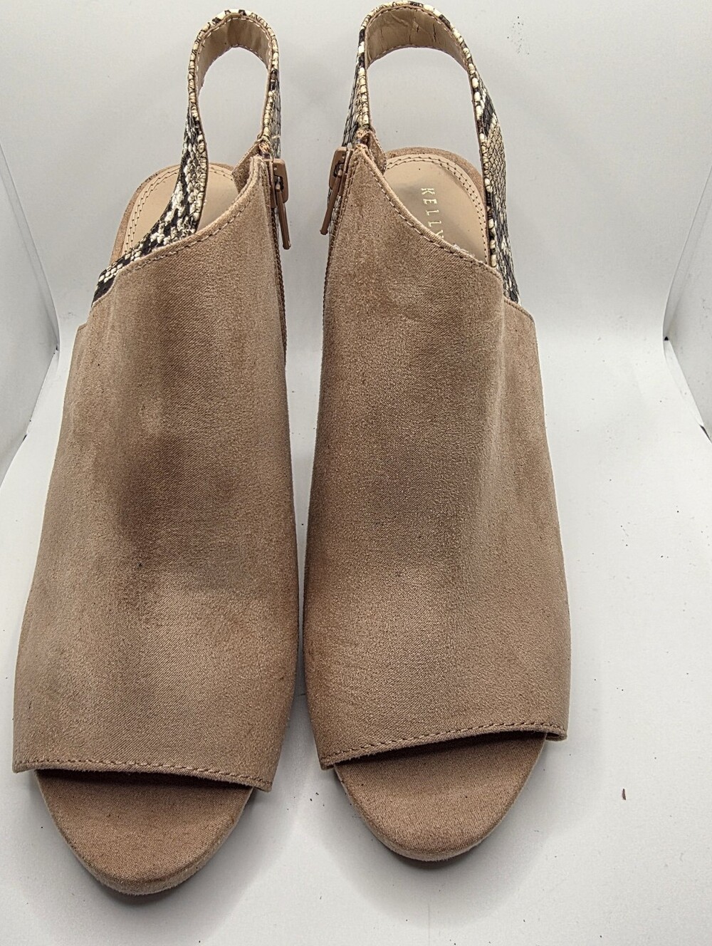 Kelly & Katie Taupe Suede Peep-Toe Slingback Mules with Snakeskin Accent